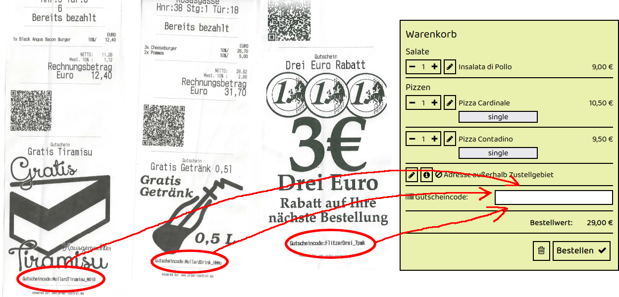 Beispiel für Gutscheincodes auf Rechnungszetteln von Donatello in Wiener Neustadt Günser Straße 28-32 – drei Rechnungen mit individuellen Gutscheincodes, die im Online-Warenkorb des Restaurants eingegeben werden können.