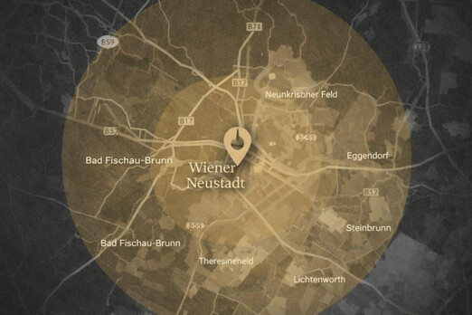 Zustellgebiet von Donatello rund um Wiener Neustadt mit markiertem Lieferbereich